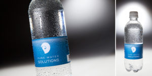 Photos of a water bottle showing condensation beads on the label.