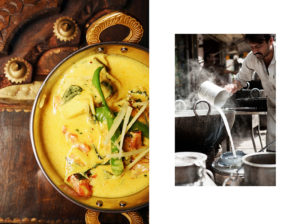 An image of a yellow curry served in a traditional Indian metal bowl on an ornate Indian-style table. This food image is complemented by a travel street portrait of a Chef pouring fluid from a tin jug while cooking on the street